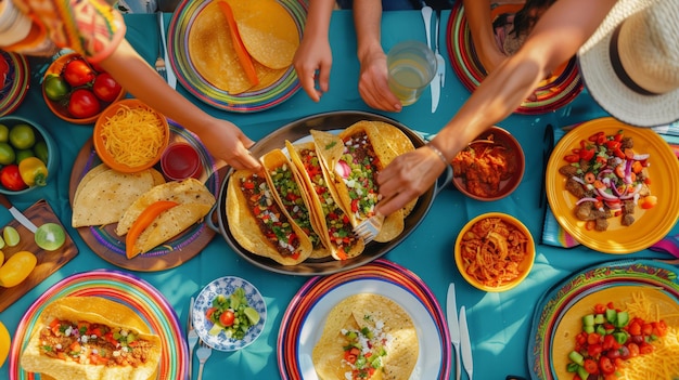 Photo mexican family celebrates cinco de mayo with traditional tacos and colorful vegetables