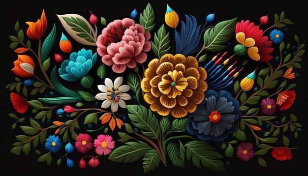 Mexican floral design in bright colors on a dark backdrop Generative Ai