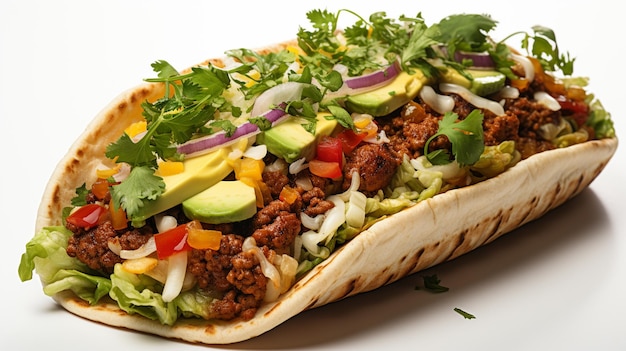 mexican food beef tacos with vegetables on dark wooden background