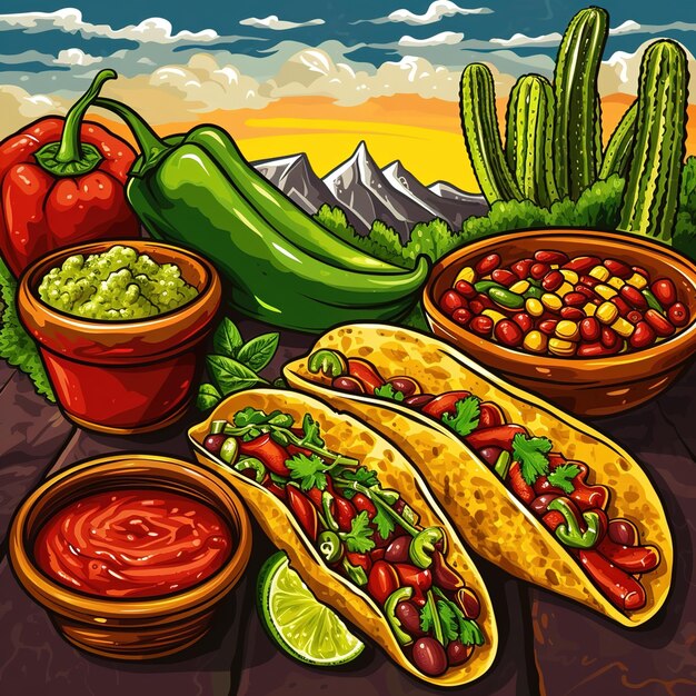 Mexican food cartoon in poster style v 6 Job ID a33e913e0228400e95097f93546f1edf