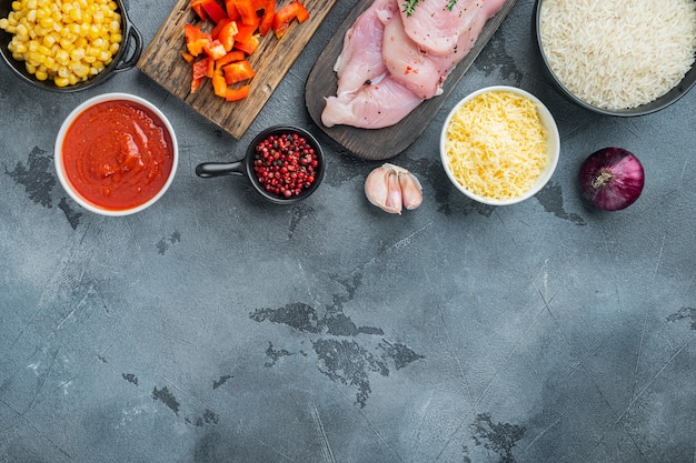 Mexican food. Cuisine of South America. Traditional ingredients, on gray background, top view flat lay with copy space for text