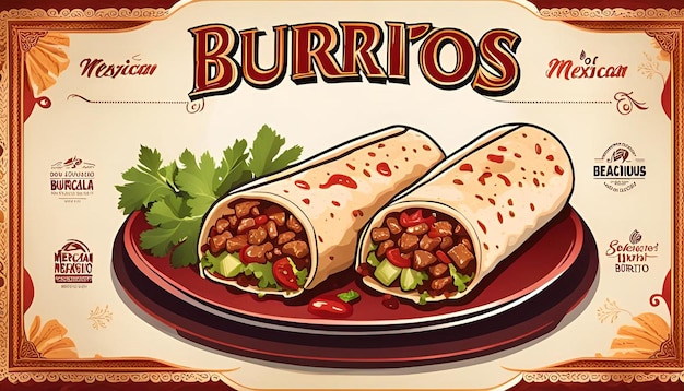 Mexican food delicious burritos with juicy meat filling and sauce