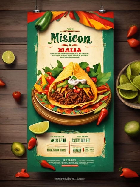 Mexican food flyer advertising brochure promo banner National kitchen poster with flag colors and taco nachos and others Cartoon flat style