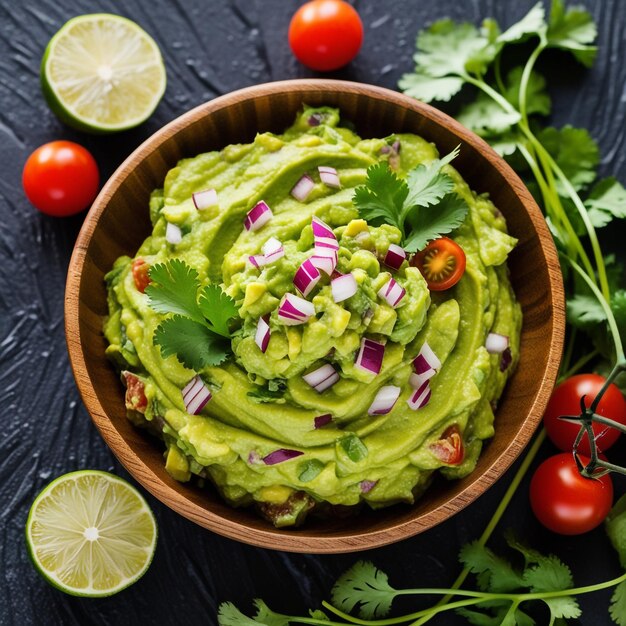 Mexican foodGreen guacamole with ingredients avocado lime and nachos