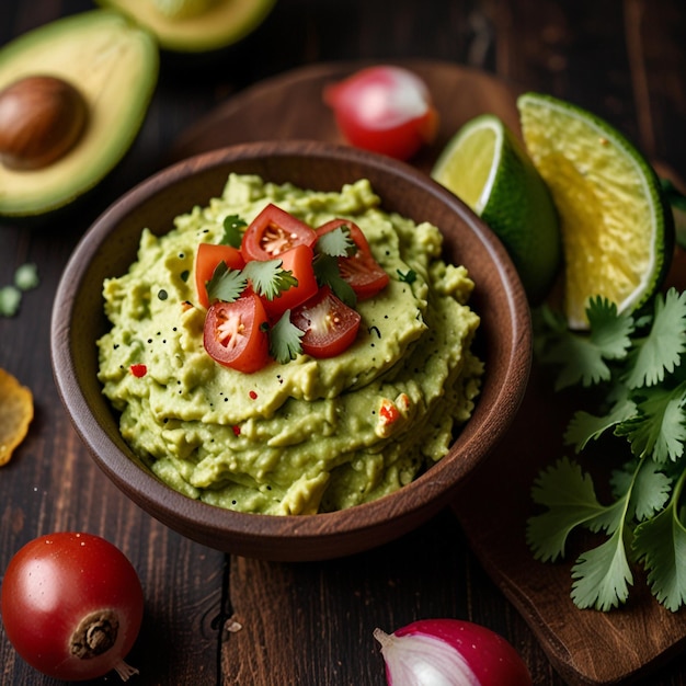 Mexican foodGreen guacamole with ingredients avocado lime and nachos