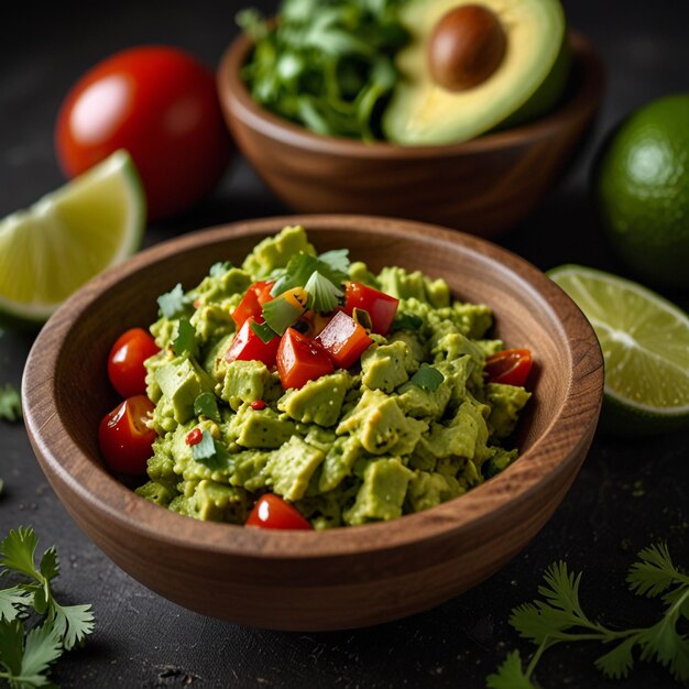 Mexican foodGreen guacamole with ingredients avocado lime and nachos