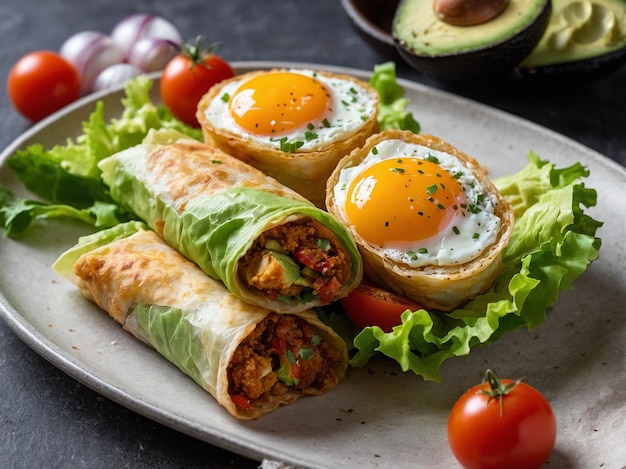 Photo mexican fried egg rolls with lettuce avocados onions and tomatoes