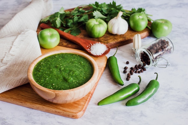 Mexican green Sauce hot chili, spicy food and ingredients in Mexico