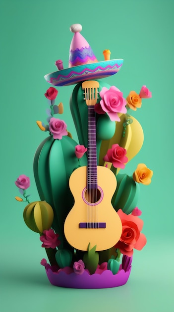 A mexican guitar and flowers on a green background