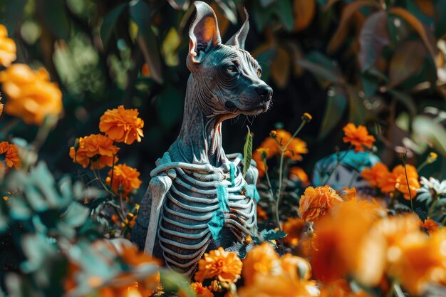 Photo mexican hairless dog halloween art with orange flowers