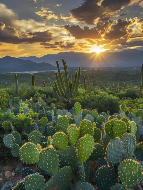 Mexican landscape with cacti Natural beauty of Mexico on sunset