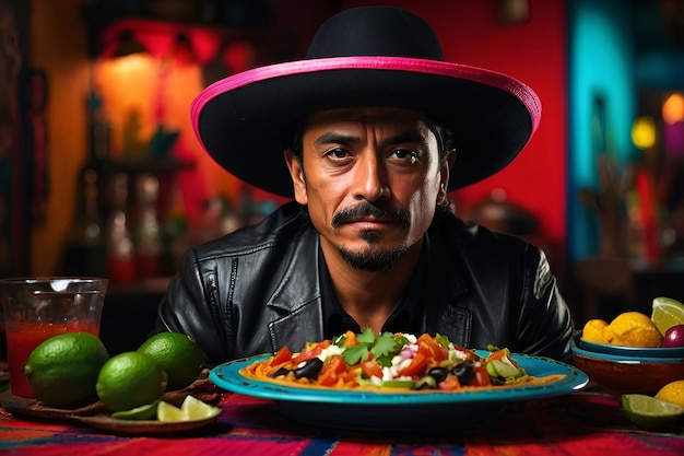 a mexican man in a black hat is eating a plate of food with plate of food