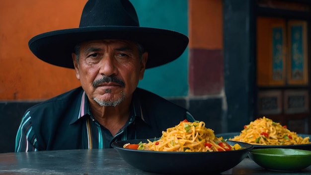 a mexican man in a black hat is looking at a plate of noodles