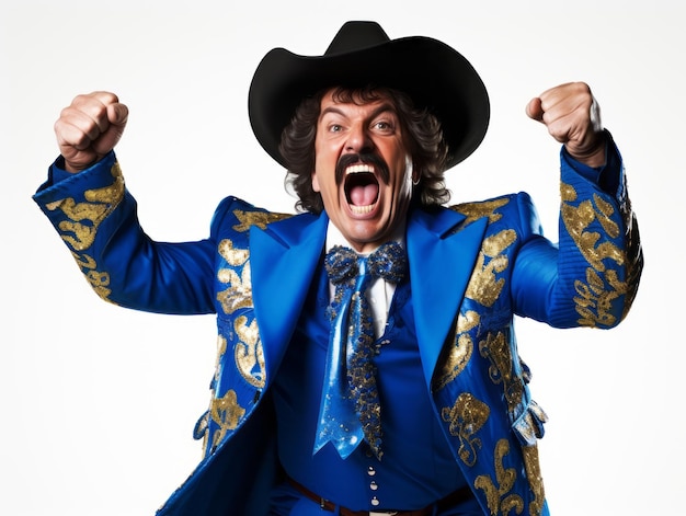 Mexican man in emotional pose on white background