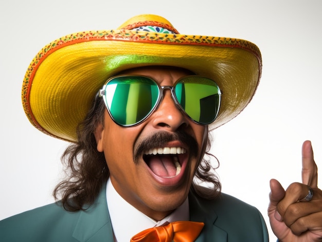 Mexican man in emotional pose on white background