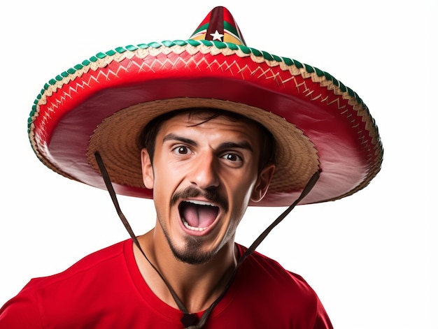 Mexican man in emotional pose on white background