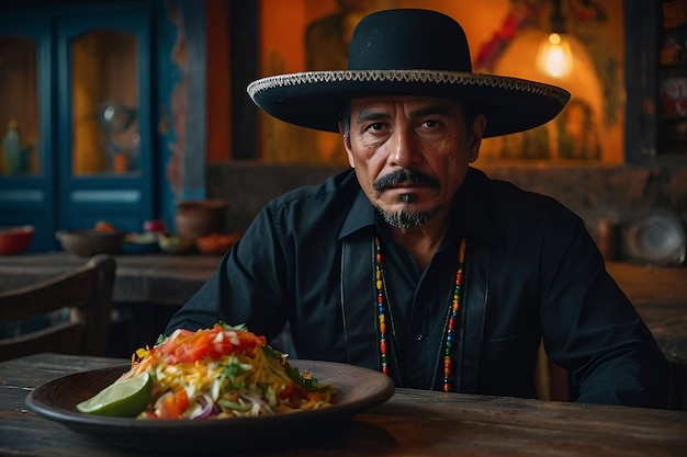 a mexican man in a hat sits at a table with a plate of food