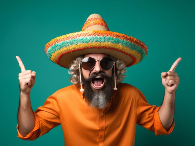 Photo mexican man in playful pose on solid background