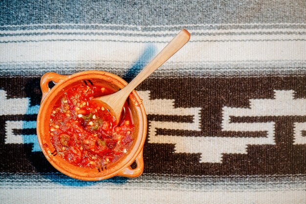 Mexican molcajete sauce with copy space