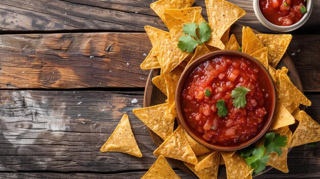 Photo mexican nacho chips and salsa dip in bowl on wooden background