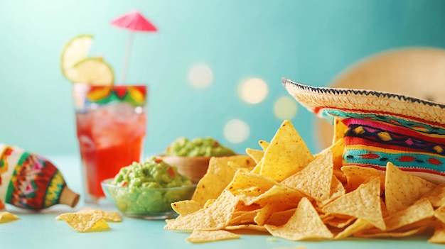 Mexican Nachos Chips Sombrero Hat Maracas Guacamole