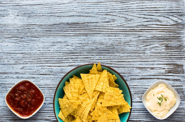 Mexican nachos chips  on wooden background