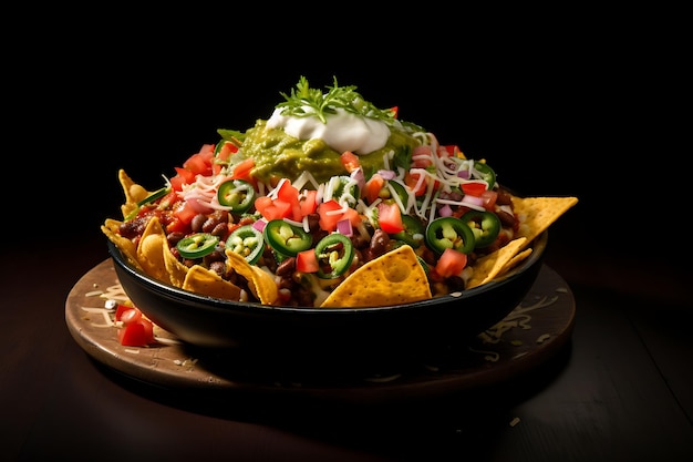 Mexican nachos tortilla chips with black beans guacamole tomato on black background