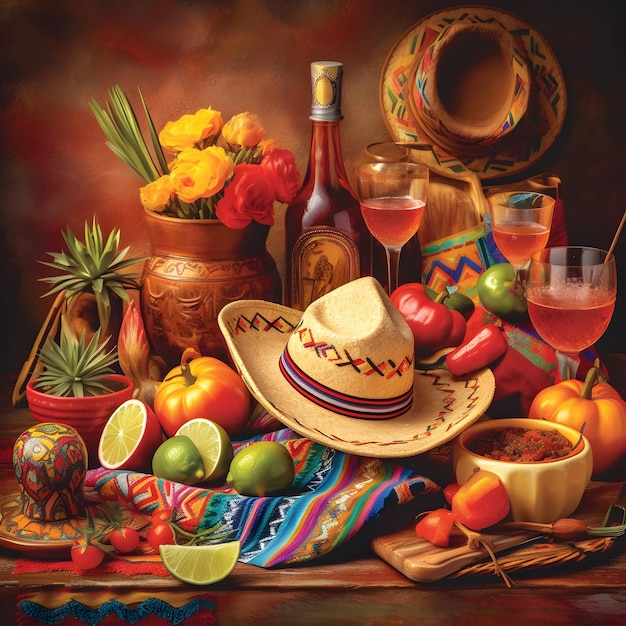 Mexican national holiday Cinco de Mayo Traditional Mexican hat tequila fruits Background of Authentic Mexican holiday Illustration generative AI