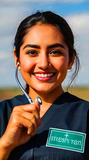 Photo mexican nurse looking at viewer with a smile while pointing to the horizon