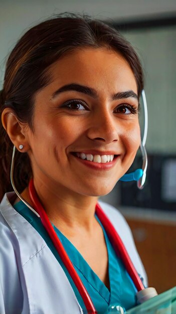 Photo mexican nurse looking at viewer with a smile while pointing to the horizon