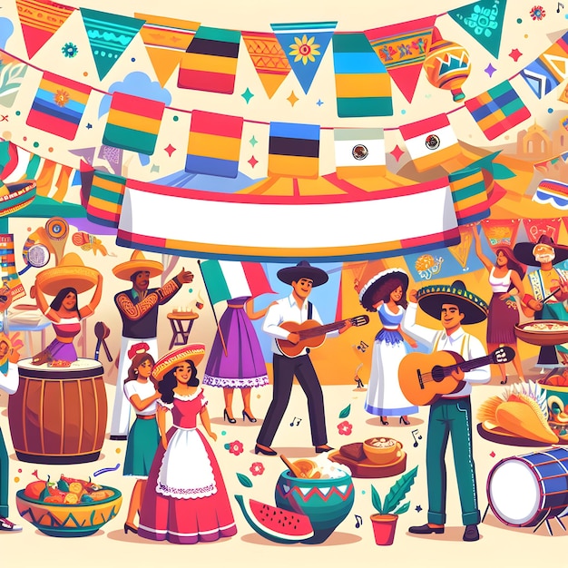 Mexican party background with people wearing traditional costumes Vector illustration