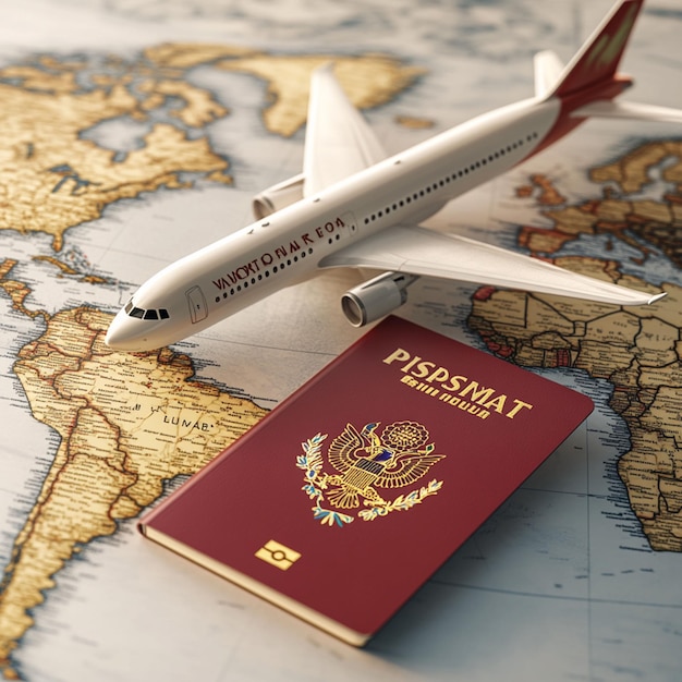 Photo mexican passport and airplane on world map