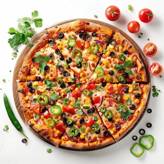 Mexican pizza on a board on a white background top view for the menu