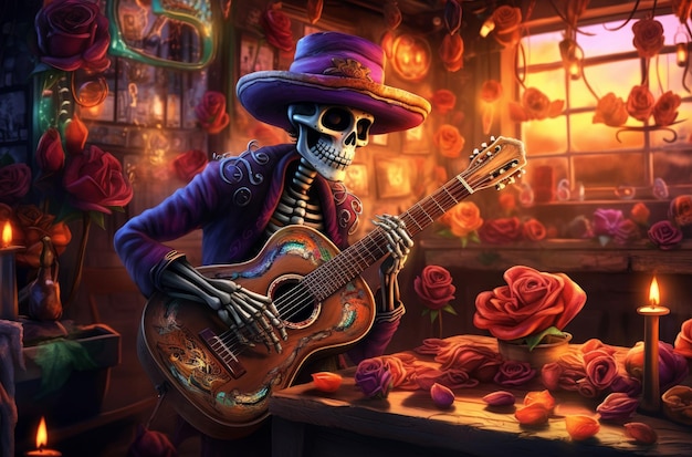 A Mexican skeleton playing the guitar in an old Western saloon vibrant colors detailed background