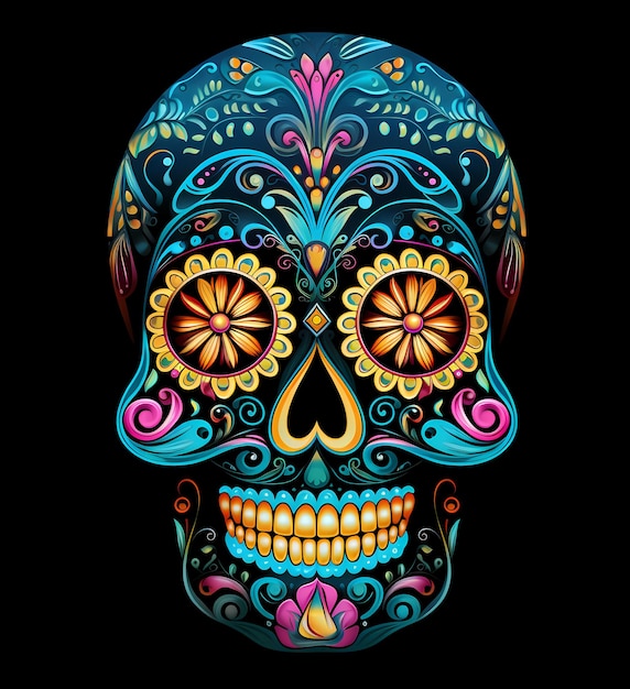 Mexican skull flat illustration on black background posters cards banners print elements