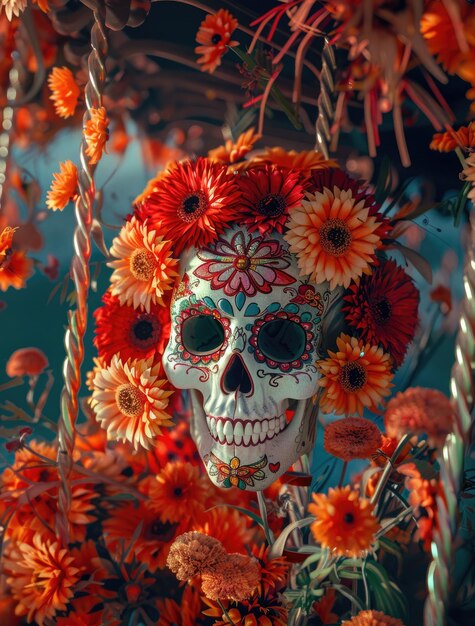 Mexican skull with flowers an iconic representation of dia de muertos showcasing the rich cultural heritage and deep significance of this festival dedicated to remembering the departed