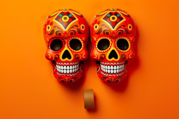 Mexican skulls on orange background Day of the dead dia de los muertos celebration concept