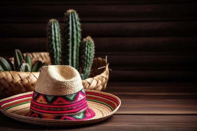 Mexican Sombrero hat with cactus and copy space for text for Cinco De Mayo and Dia De Muertos