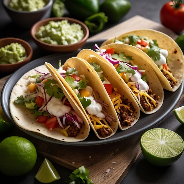 mexican street tacos flat lay composition with pork carnitas avocado onion cilantro