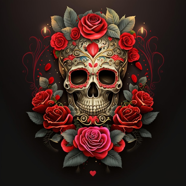 Mexican style sugar skull and red rosesGenerative AI