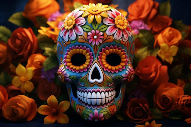 A Mexican sugar skull adorned with a colorful floral ornament