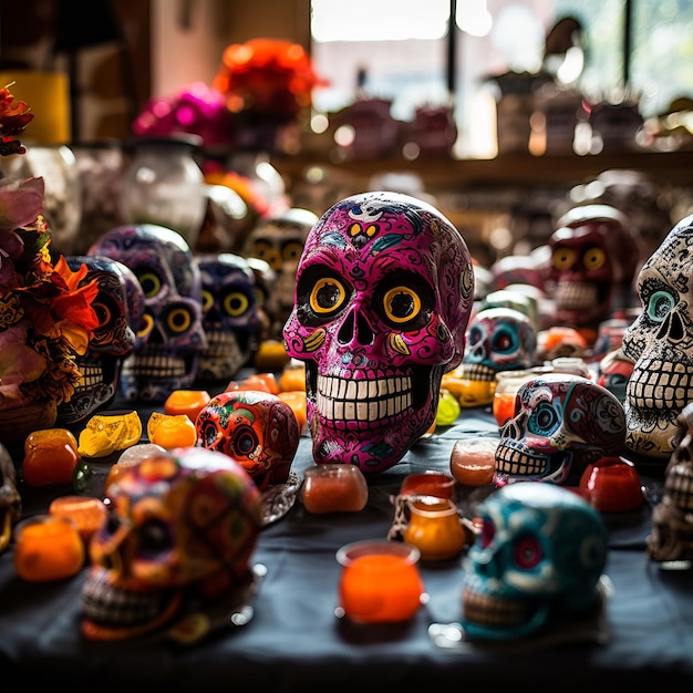 Mexican sugar skull candies on a table in Mexico Toned