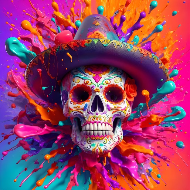 Mexican sugar skull with colorful paint splashes 3d illustration