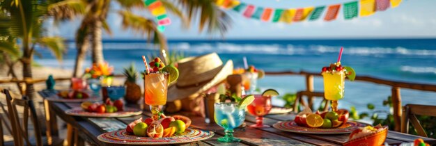 Mexican summer fiesta for Cinco de Mayo exotic beach backdrop Festive table adorned with vibrant