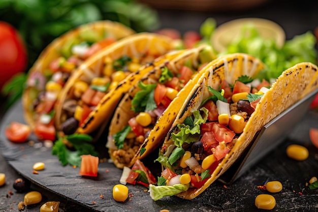 Photo mexican taco on wooden tray on blurred background generated by artificial intelligence