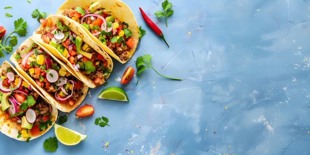 Mexican tacos on a blue background with vegetables and chili Design for advertising cafes