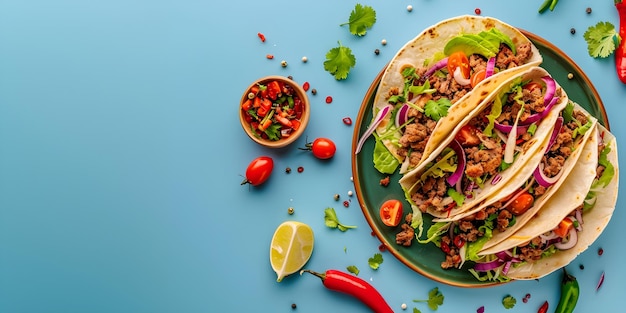 Mexican tacos on a blue background with vegetables and chili Design for advertising cafes