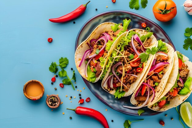 Mexican tacos on a blue background with vegetables and chili Design for advertising cafes