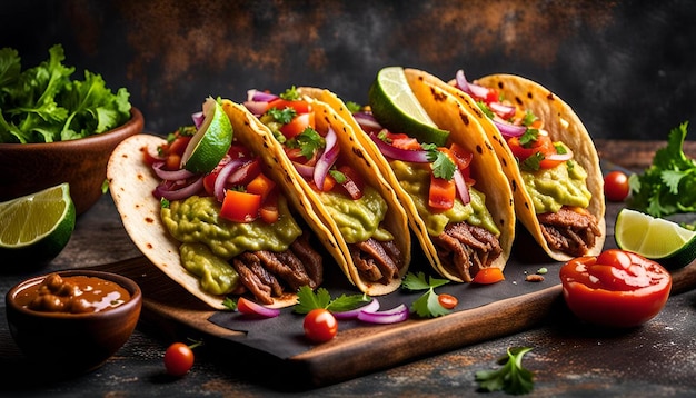 Mexican tacos with beef fresh vegetables and guacamole with salsa sauce on rusty background