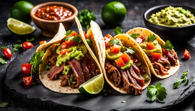 Mexican tacos with beef fresh vegetables and guacamole with salsa sauce on rusty background